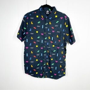 Tetris Black Graphic Short Sleeve Button Down Shirt Small